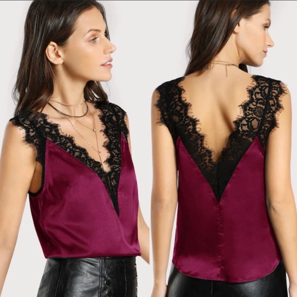Aluna Levi Tops - Lisa Wine Lace satin cami